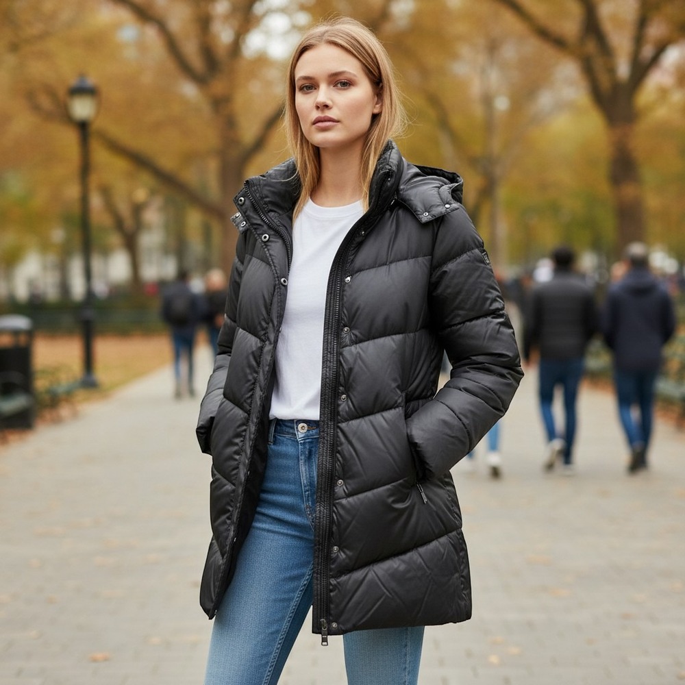 Marc New York Puffer Coat Womens PS Black Down Filled Quilted Long Jacket